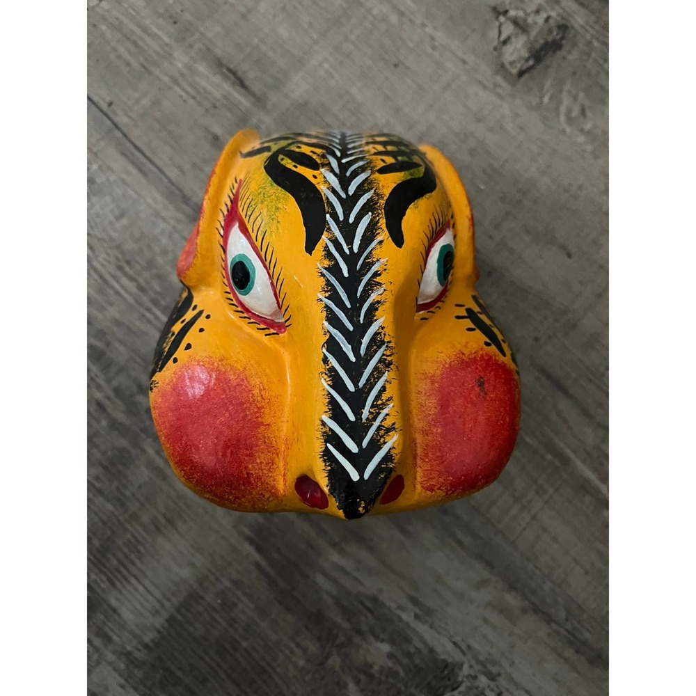 Vintage Hand Painted Wood Jaguar Mask Miniature Folk Art Figurine Yellow